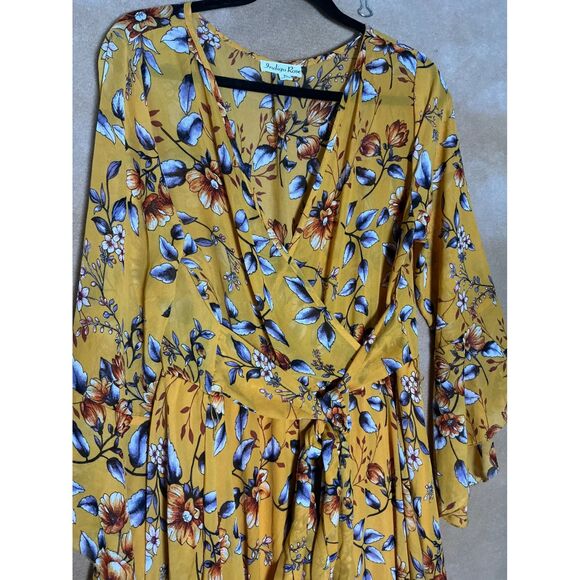 Indigo Rose Yellow Floral Maxi Dress Flutter Sleeve V Neck Wrap Belted XL - Picture 8 of 10